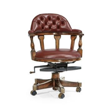 Desk Chair Captain Style in Walnut - Rich Red Leather
