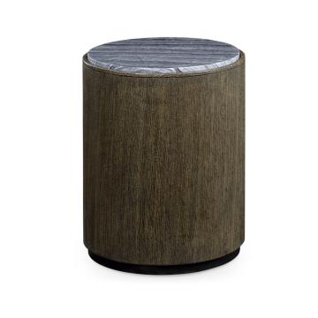 Round Oak End Table with a Grey Marble Top