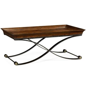 Brown mahogany coffee table with antique iron base
